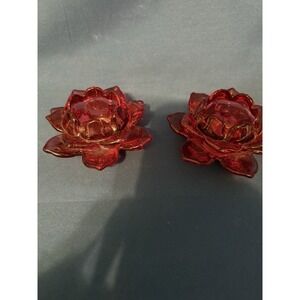 Vintage Red Lotus Flower Blossom Glass Votive Candle Holder Set of 2